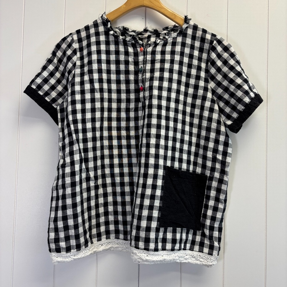 LOL Womens Cottage Boho Gingham Plaid Top Size L Whimsical Farm Girl Classic